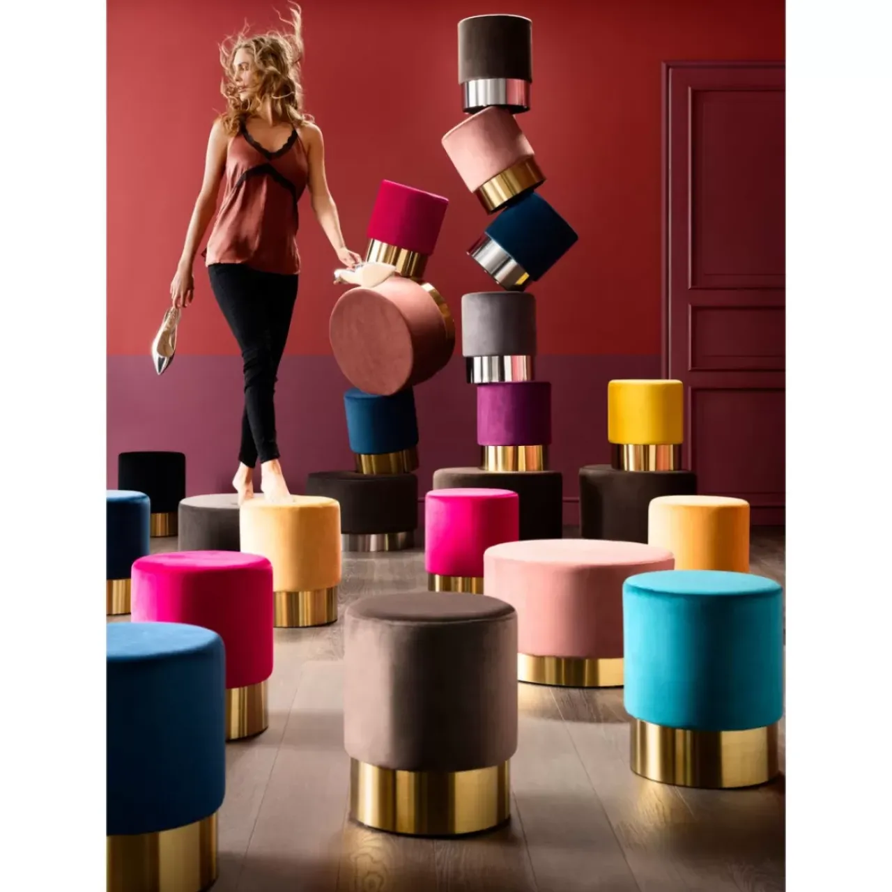 KARE Design Sitzbänke-Hocker Cherry Schwarz Brass O35Cm